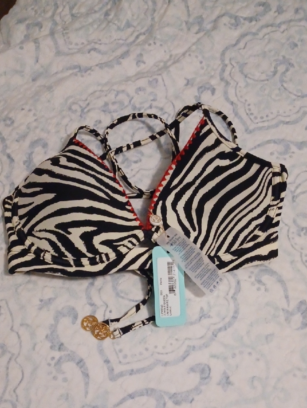 Luli Fama Black and White Zebra Print Bikini with Red Trim